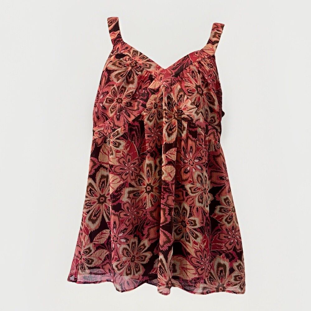 LOFT Floral Babydoll Y2K Tank Top Womens 8 Coral Brown Boho Feminine Fairy Flowy